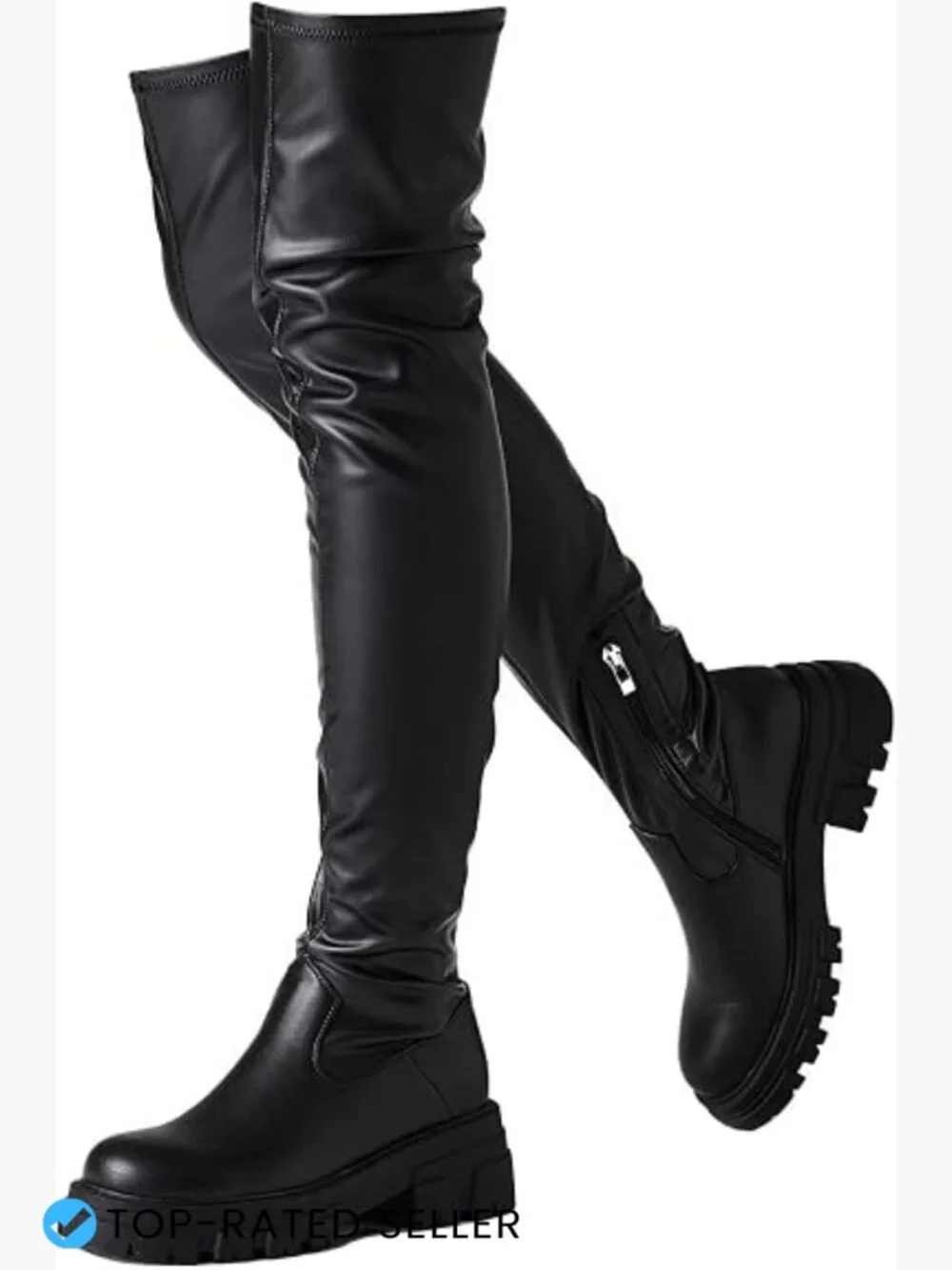 Over the Knee Boots Chunky Heel Platform Stretchy Faux Leather Lug Sole